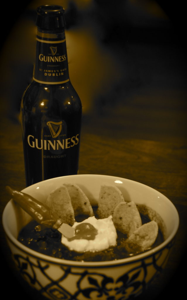 guinness chili Guinness chili with tortillas and sour cream from Grill Girl Robyn