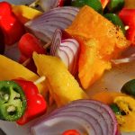 grill girl, salsa skewers, grilled vegetable salsa with mango and avocado