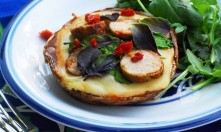Grilled Portobello Pizzas with Chicken Sausage, Spinach and Sundried Tomatoes
