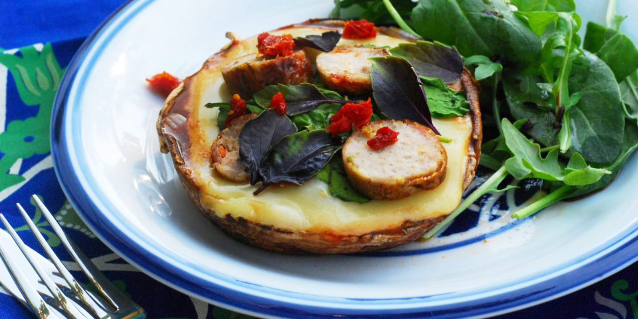 Grilled Portobello Pizzas with Chicken Sausage, Spinach and Sundried Tomatoes