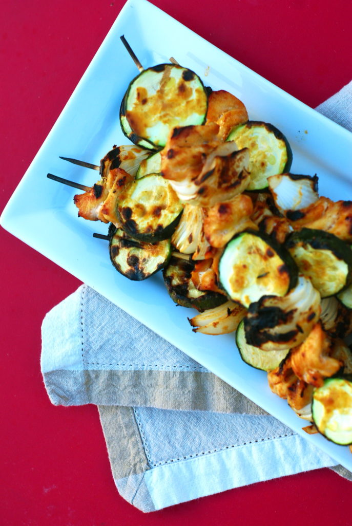 Thai Peanut Chicken, Vidalia Onion and Zucchini Skewers 