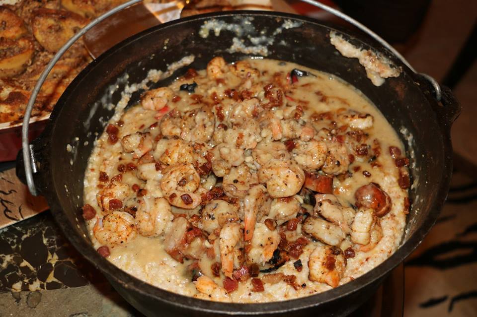 Here's the big pot of Shrimp and Grits I brought to the pot luck I cooked and then carried it over in a big dutch oven. 