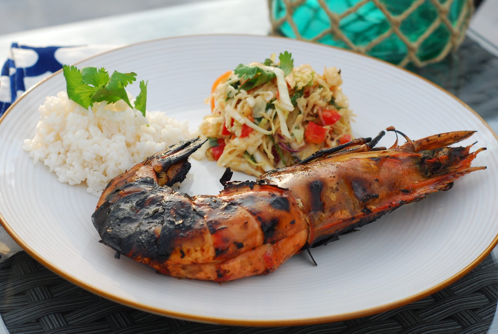 Grilled Soy Ginger Wild Caught Ocean Prawns with Asian Slaw and Coconut Rice   