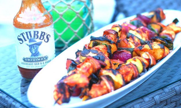 BBQ Chicken, Peach and Poblano Skewers