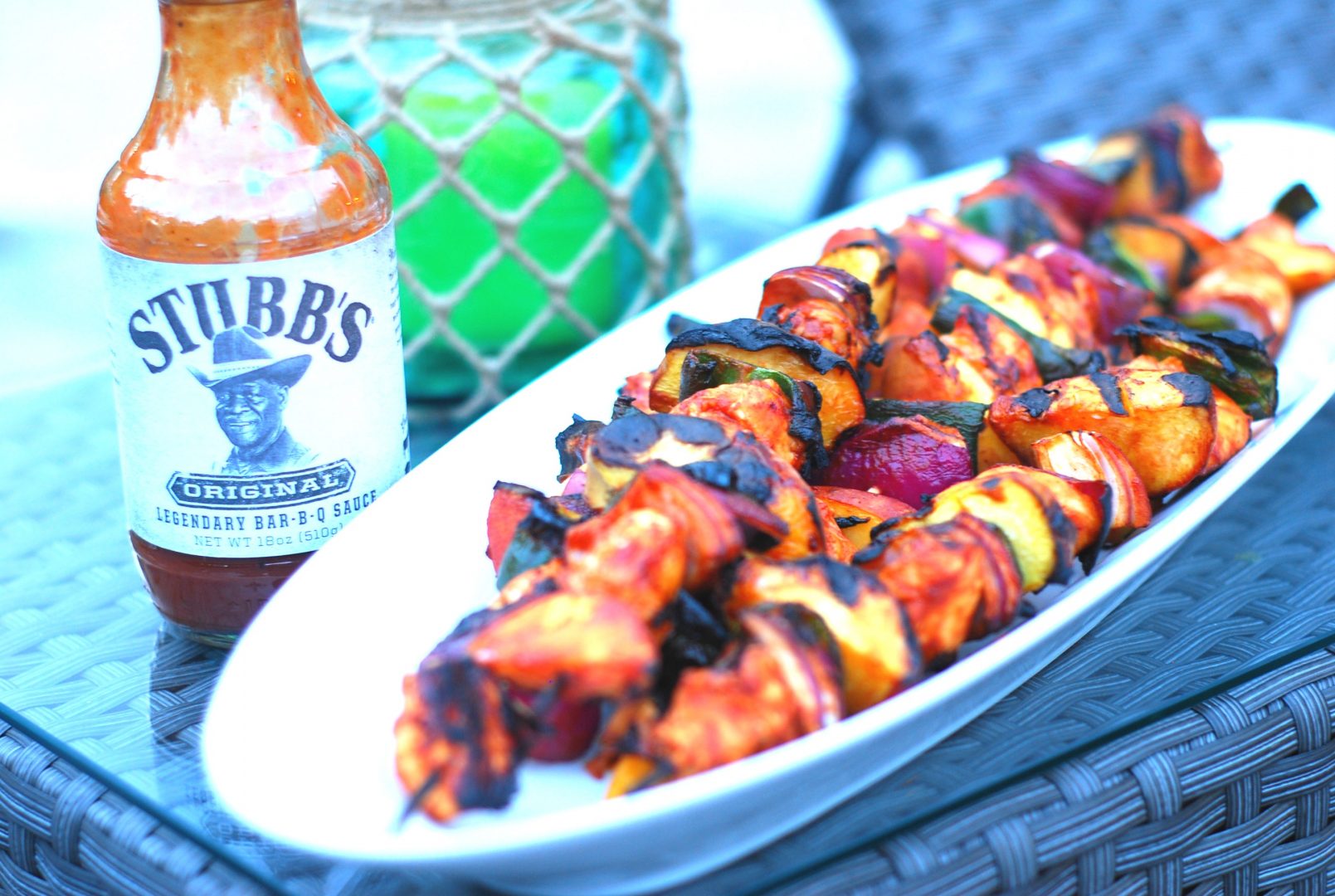 BBQ Chicken, Peach and Poblano Skewers
