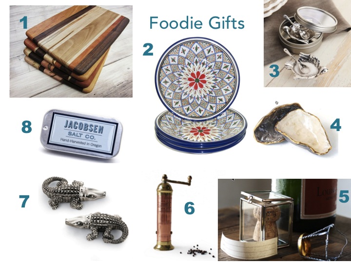 Thoughtful gifts for foodies like artisanal cutting boards, Moroccan inspired dishes, exotic woods for smoking, sea salt and salt cellars.