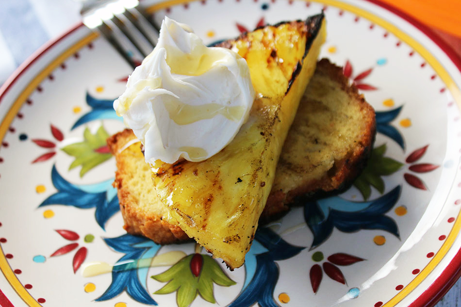 Grilled Pineapple Pound Cake Topped With Honey Mascapone Cheese