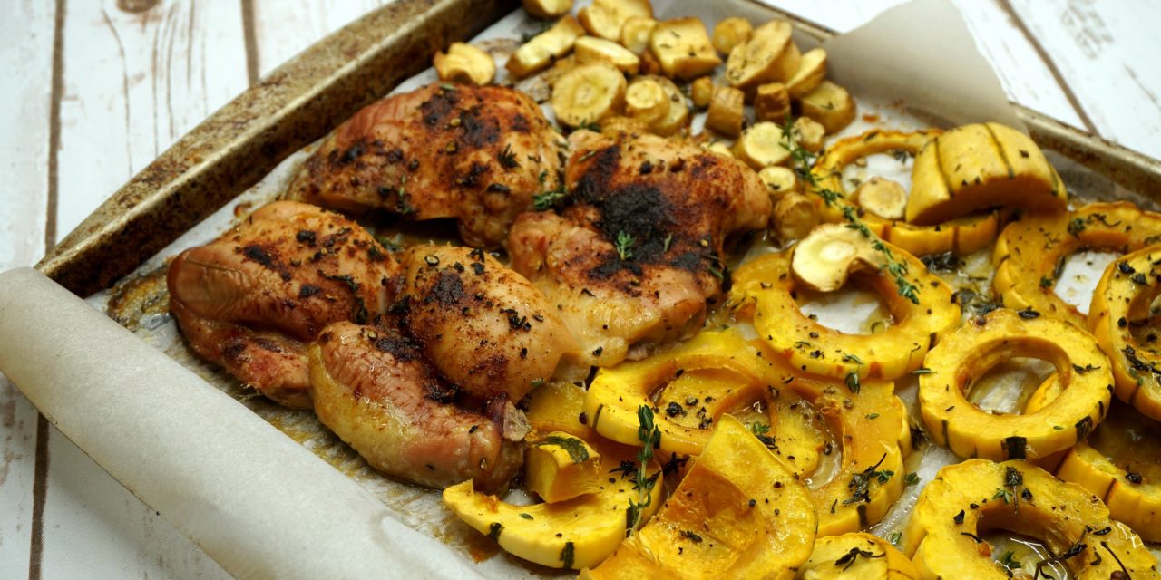 Sheet Pan Dinner: Chicken Thighs with Glazed Delicata Squash