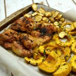 sheet pan dinner on pellet smoker_smoked chicken thighs and delicata squash on green mountain grill pellet smoker