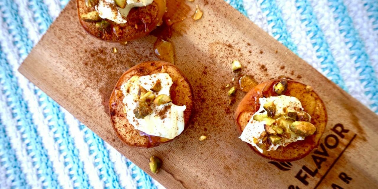 Cedar Planked Peaches with Mascarpone, Pistachios and Honey