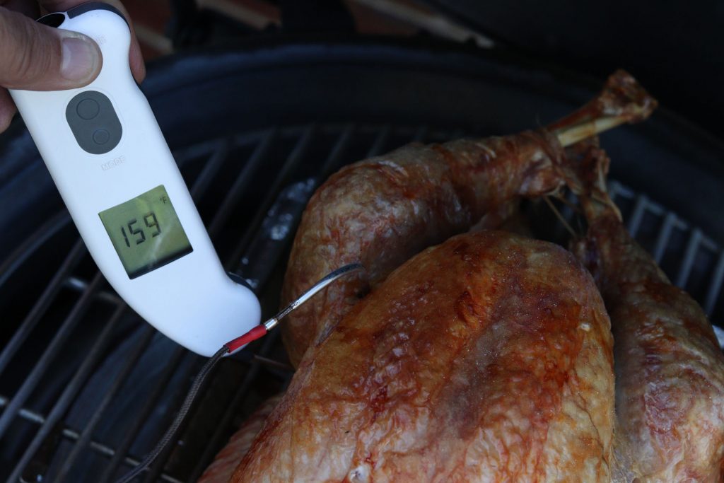 Grill Girl, big green egg, cooking turkey, thermapen, temperature
