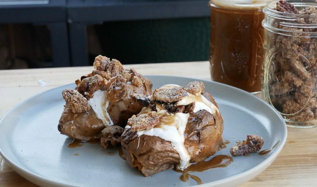 Smoked Sweet Potatoes With Candied Pecans and Bourbon Caramel