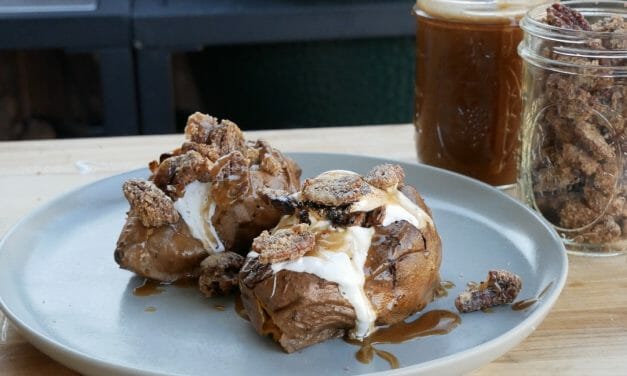 Smoked Sweet Potatoes With Candied Pecans and Bourbon Caramel