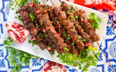 Coriander Crusted Grilled Lamb Kebabs with Pomegranate Molasses