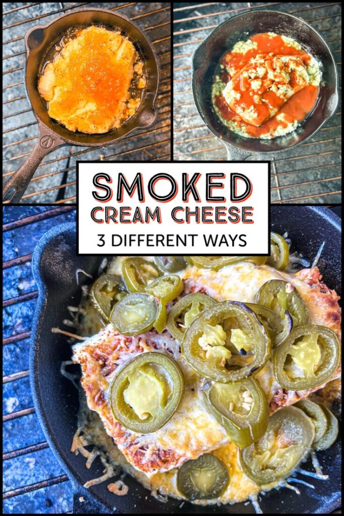 smoked cream cheese three different ways: three different skillets with different toppings: pineapple jam, blue cheese and buffalo sauce and taco inspired with jalapenos and cheese