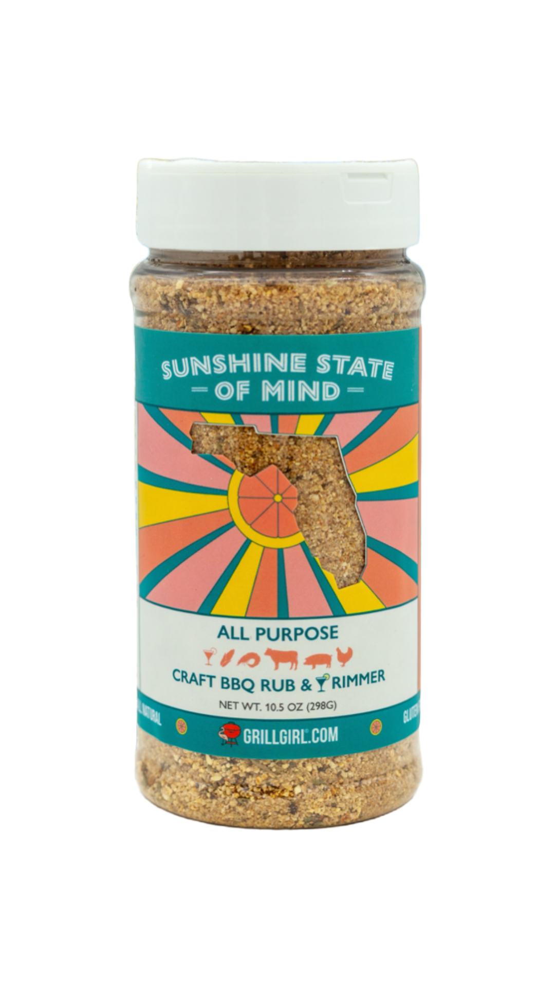A bottle of GrillGirl craft BBQ rub, Sunshine State of Mind, features a colorful label with an illustration of Florida and sun rays. The text reads All Purpose, Craft BBQ Rub & Trimmer, 10.5 oz, grillgirl.com.